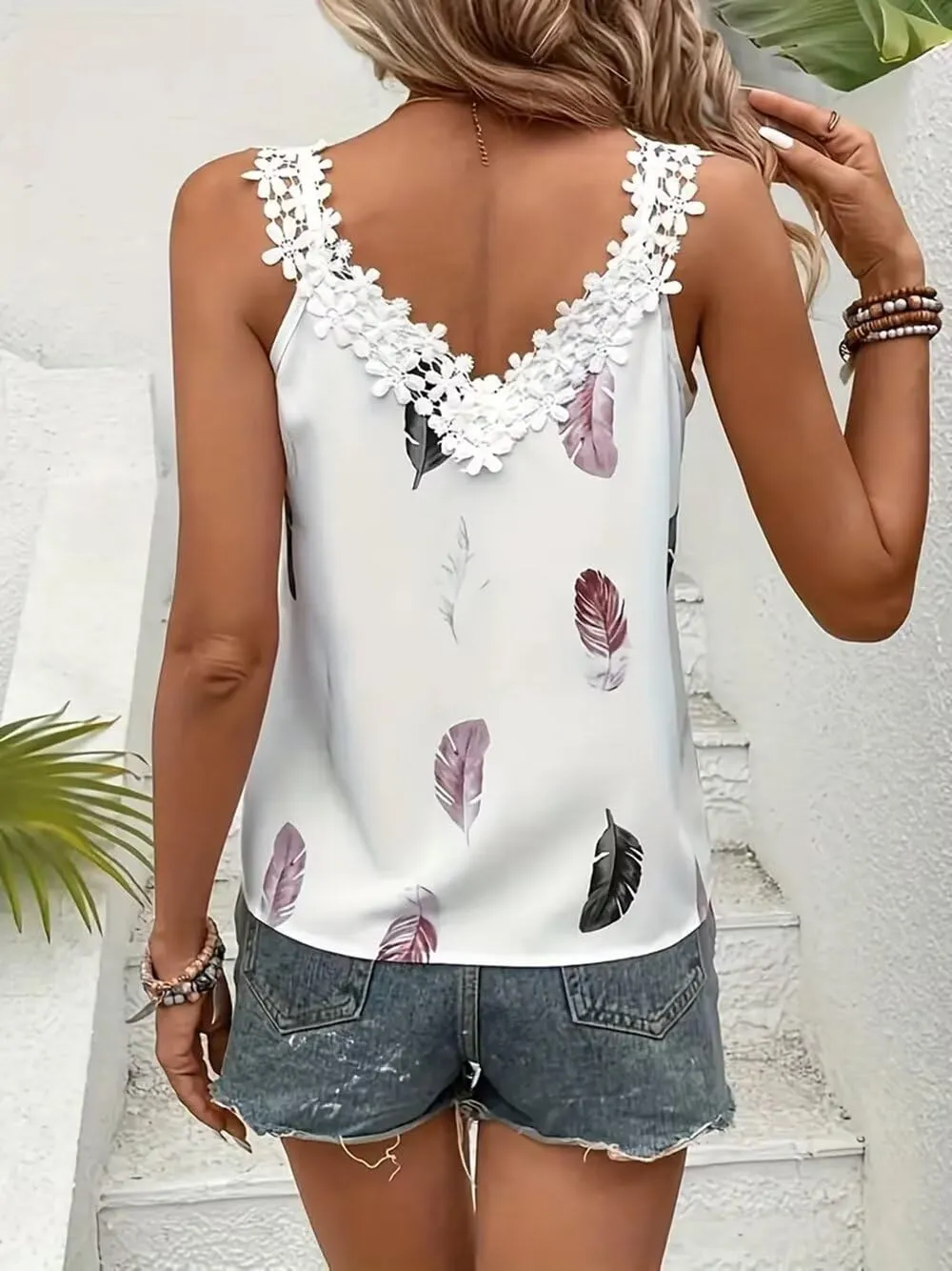 Guipure Lace Panel Tank Top Women Summer Tops Casual Country V Neck Tee Shirts Sleeveless Fashion Loose Blouse
