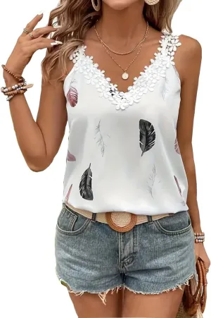 Guipure Lace Panel Tank Top Women Summer Tops Casual Country V Neck Tee Shirts Sleeveless Fashion Loose Blouse