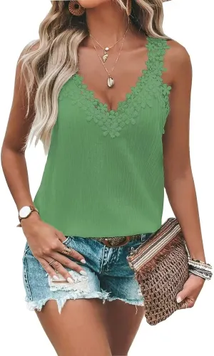 Guipure Lace Panel Tank Top Women Summer Tops Casual Country V Neck Tee Shirts Sleeveless Fashion Loose Blouse