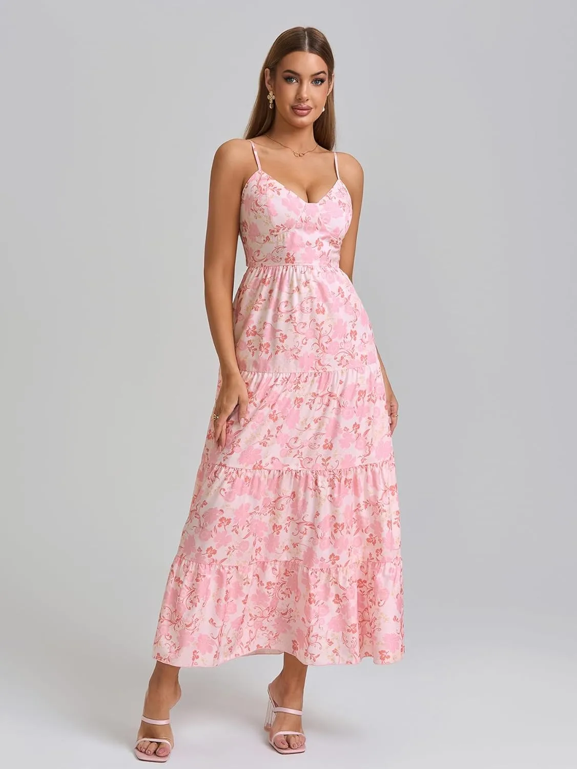 HTZMO Women Casual Summer Floral Maxi Sundress V Neck Spaghetti Strap Bow Tie Backless Flowy Boho Beach Long Dress 2025