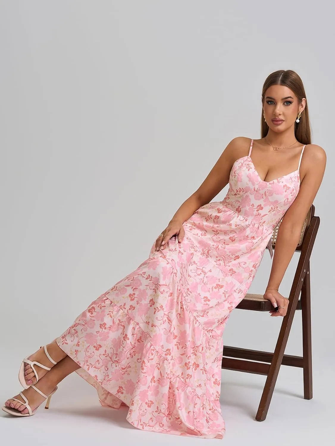 HTZMO Women Casual Summer Floral Maxi Sundress V Neck Spaghetti Strap Bow Tie Backless Flowy Boho Beach Long Dress 2025