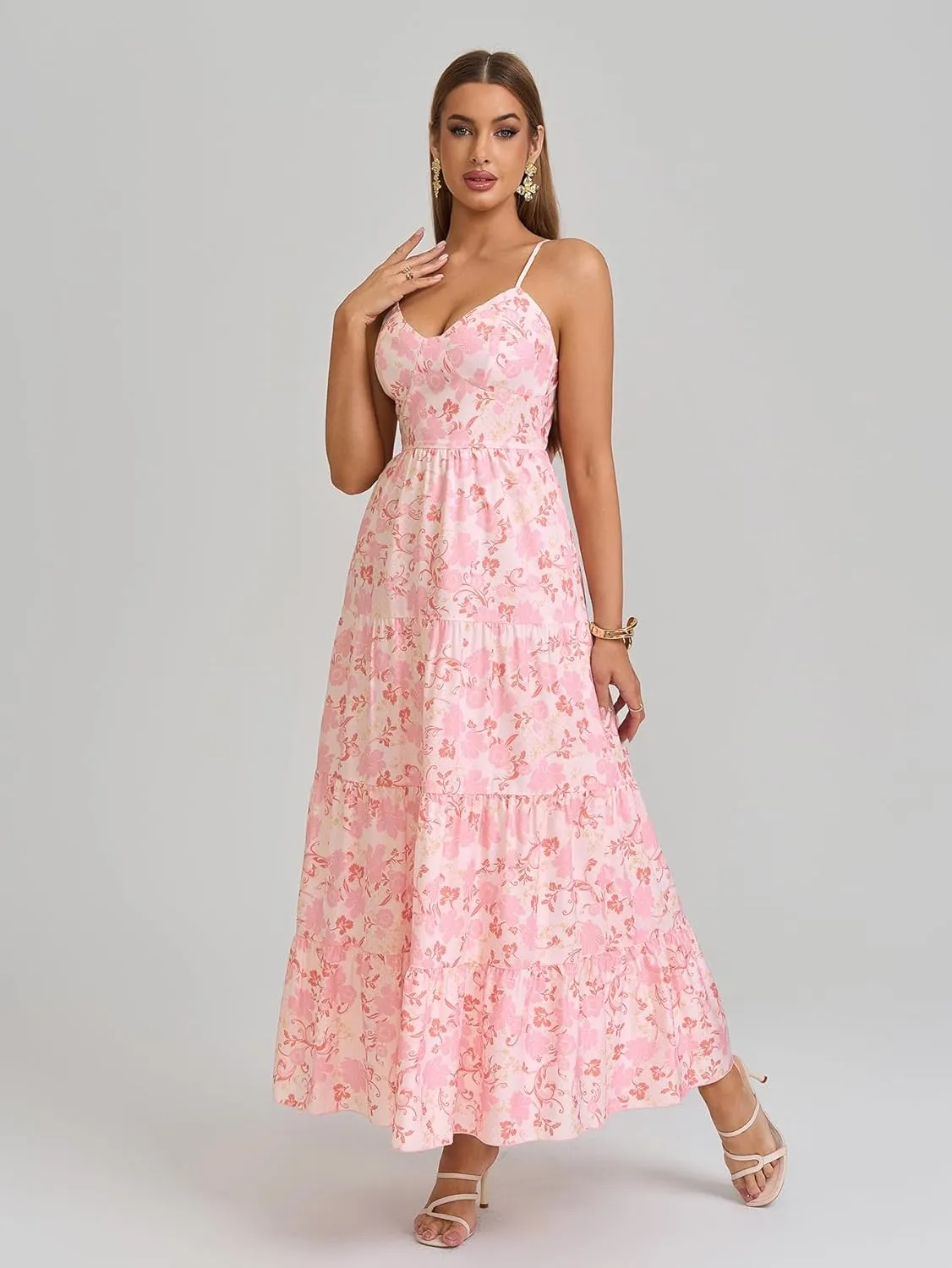 HTZMO Women Casual Summer Floral Maxi Sundress V Neck Spaghetti Strap Bow Tie Backless Flowy Boho Beach Long Dress 2025