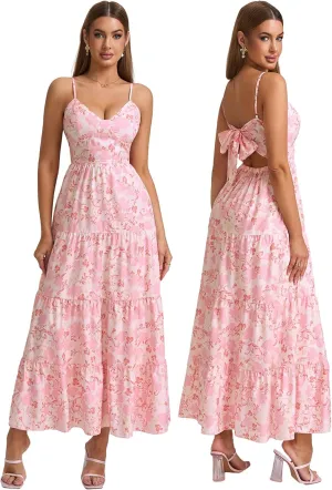 HTZMO Women Casual Summer Floral Maxi Sundress V Neck Spaghetti Strap Bow Tie Backless Flowy Boho Beach Long Dress 2025