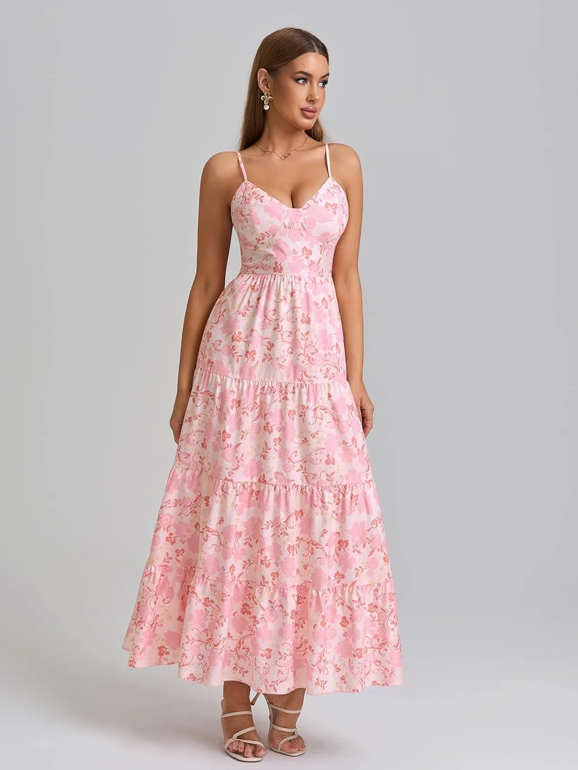 HTZMO Women Casual Summer Floral Maxi Sundress V Neck Spaghetti Strap Bow Tie Backless Flowy Boho Beach Long Dress 2025