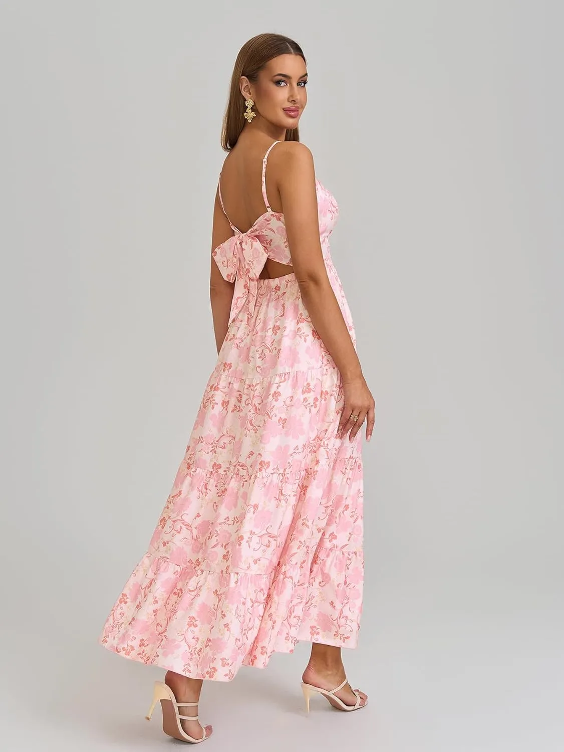 HTZMO Women Casual Summer Floral Maxi Sundress V Neck Spaghetti Strap Bow Tie Backless Flowy Boho Beach Long Dress 2025