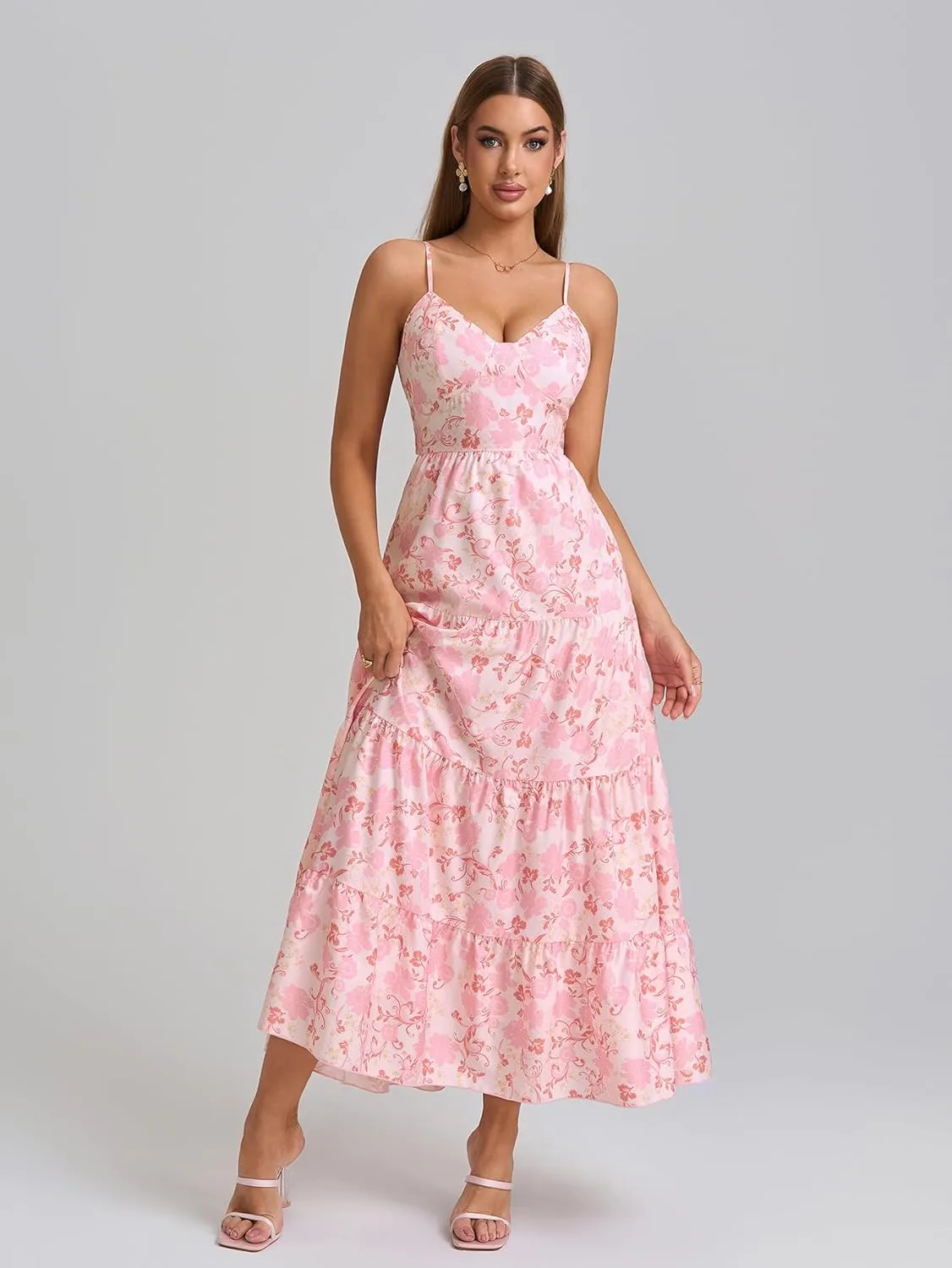 HTZMO Women Casual Summer Floral Maxi Sundress V Neck Spaghetti Strap Bow Tie Backless Flowy Boho Beach Long Dress 2025