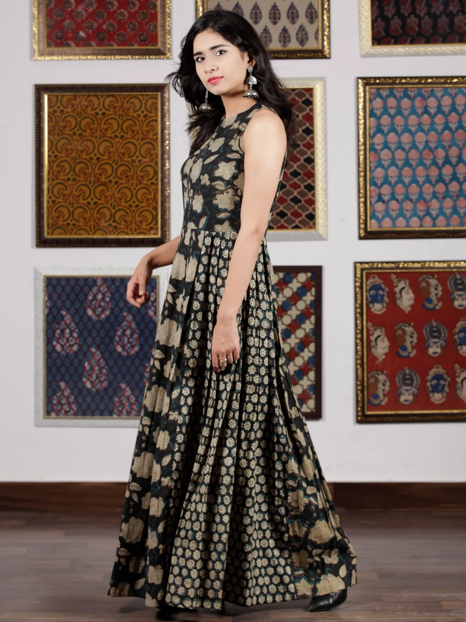 Indigo Black Beige Hand Block Printed Cotton Long Dress  - D256F1360