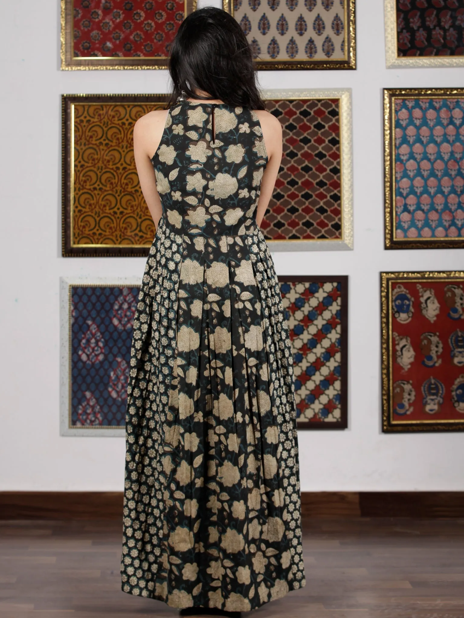 Indigo Black Beige Hand Block Printed Cotton Long Dress  - D256F1360