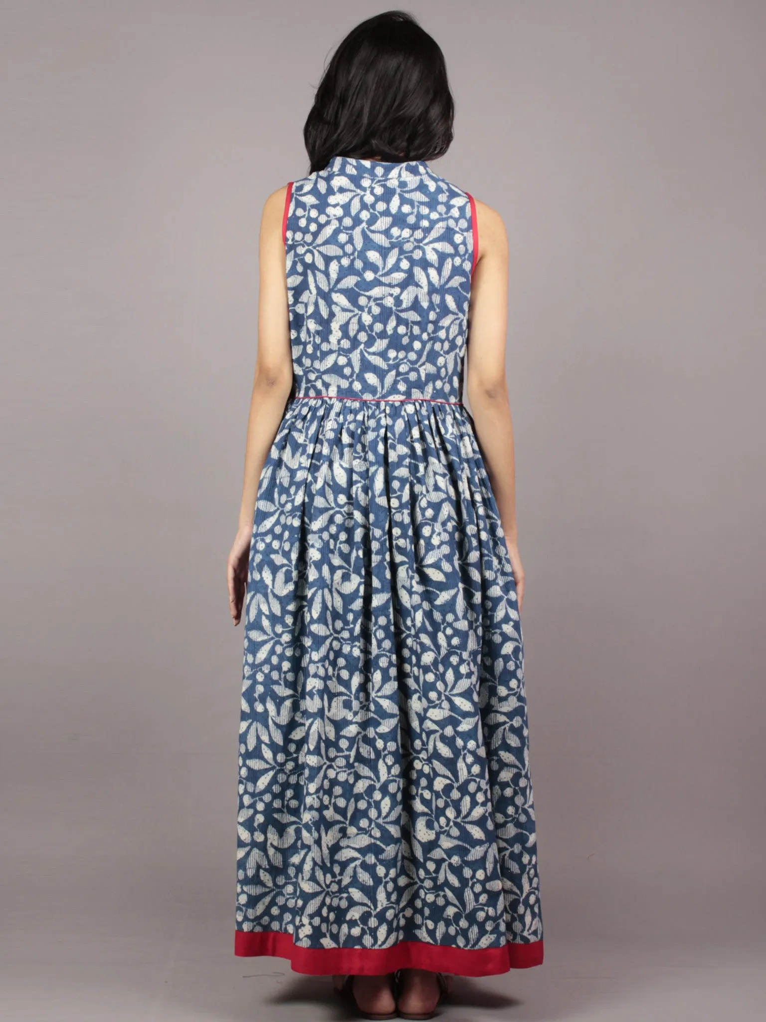 Indigo Ivory Black Red Long Sleeveless Hand Block Printed Cotton Dress With Knife Pleats & Side Pockets - D46F607