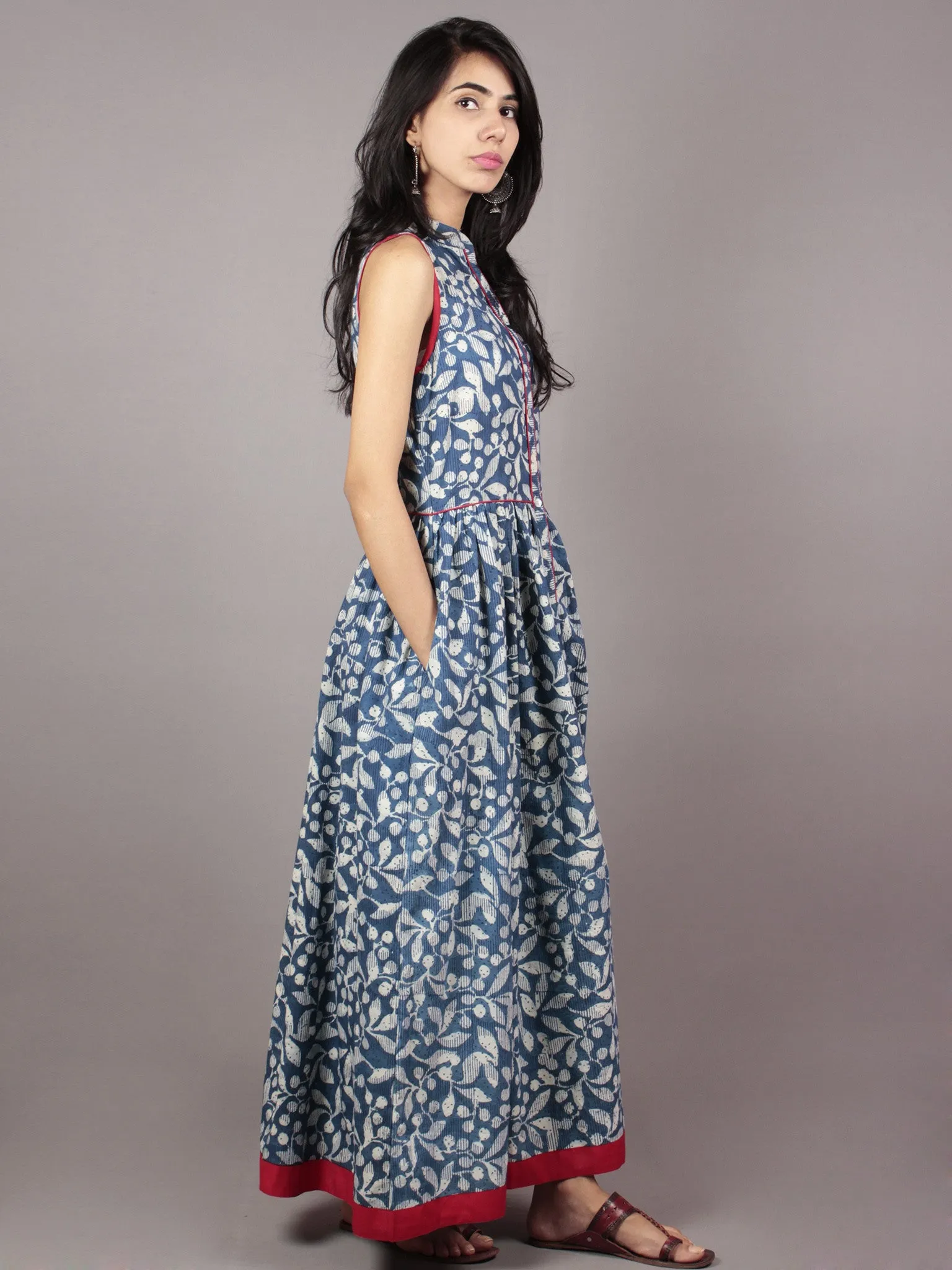 Indigo Ivory Black Red Long Sleeveless Hand Block Printed Cotton Dress With Knife Pleats & Side Pockets - D46F607