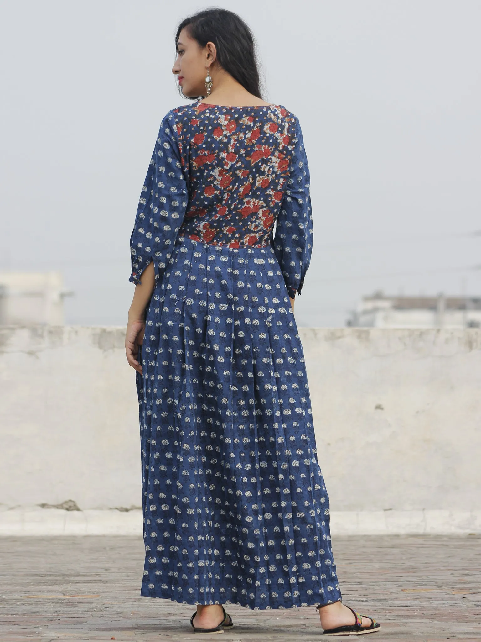 Indigo Rust Mustard Black Long Hand Block Printed Cotton Dress With Knife Pleats & Side Pockets - D90F600
