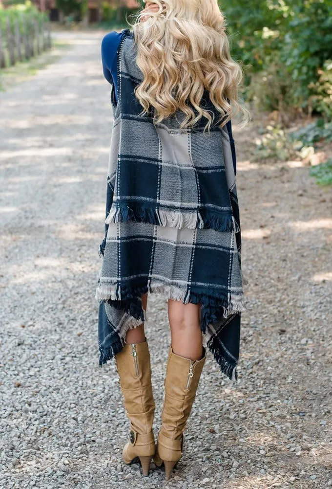 Inorin Womens Sleeveless Plaid Asymmetrical Hem Tassel Drape Open Front Cardigan Vest