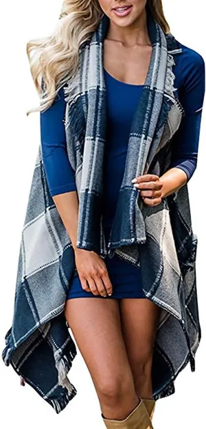 Inorin Womens Sleeveless Plaid Asymmetrical Hem Tassel Drape Open Front Cardigan Vest