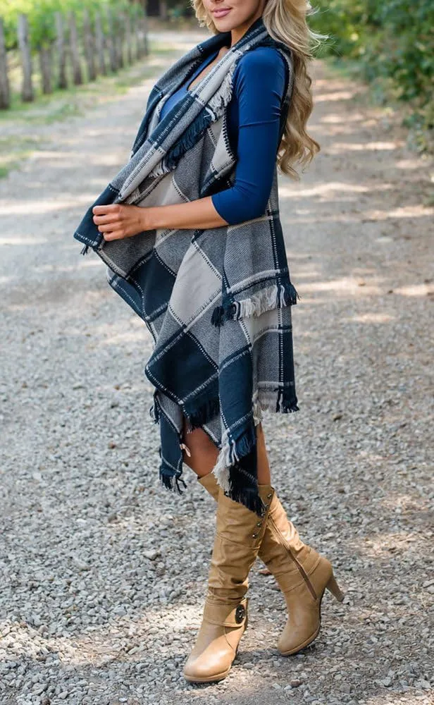Inorin Womens Sleeveless Plaid Asymmetrical Hem Tassel Drape Open Front Cardigan Vest