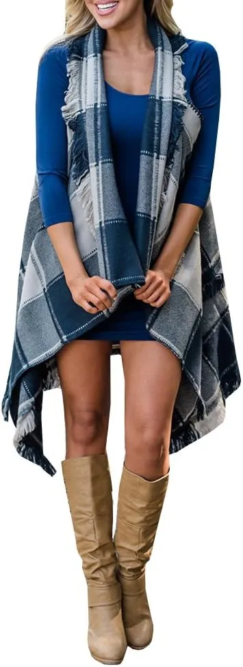 Inorin Womens Sleeveless Plaid Asymmetrical Hem Tassel Drape Open Front Cardigan Vest
