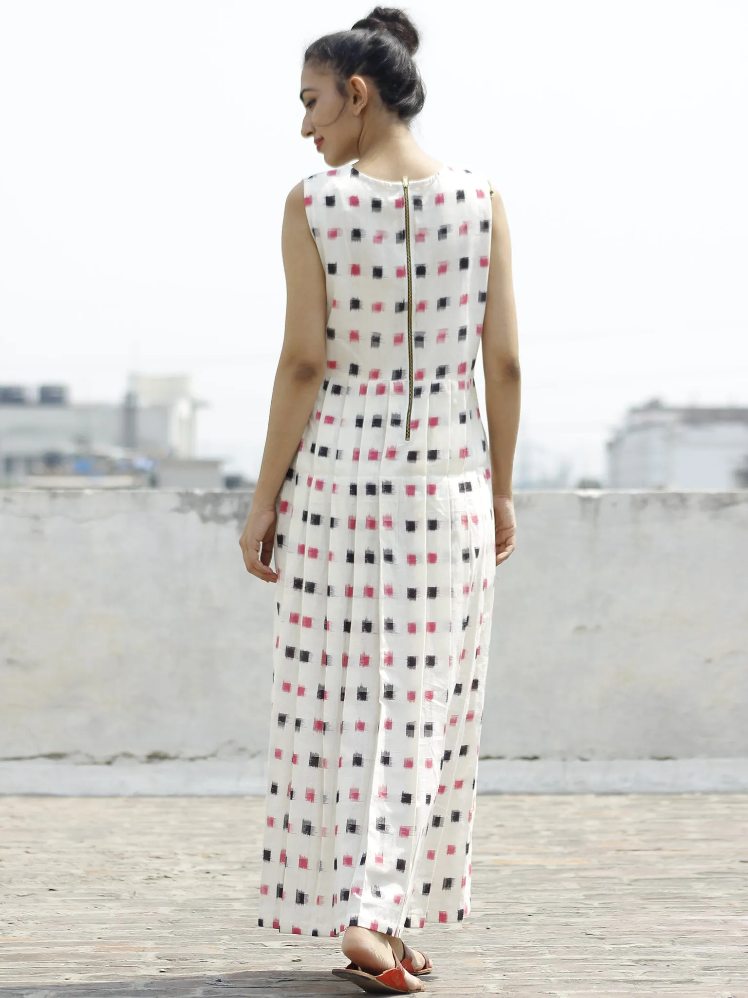 Ivory Pink Black Long Sleeveless Handwoven Double Ikat Dress With Knife Pleats & Side Pockets - D32F797