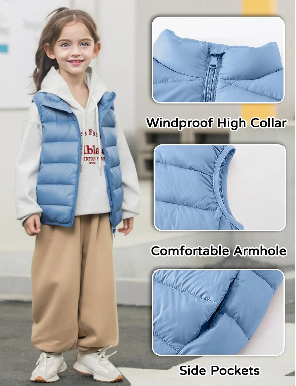 Kids Puffer Down Vest Windproof Lightweight Gilet Waistcoat Padded Jacket Stand Collar Coat