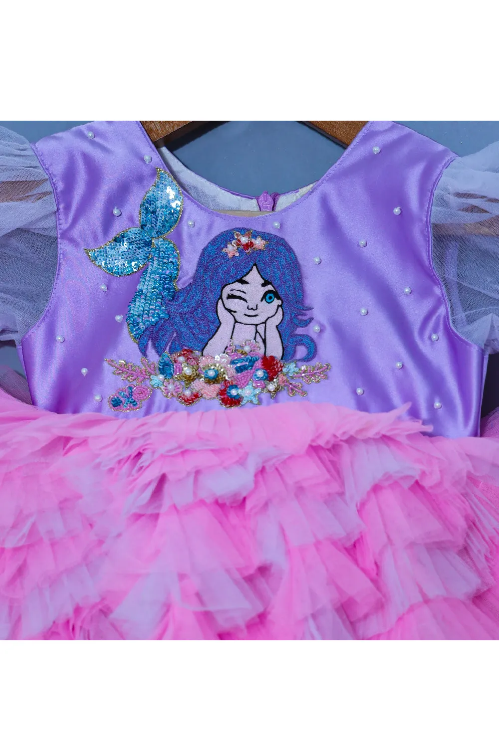 Lavender And Pink Hand Embroidered Mermaid Frill Net Dress