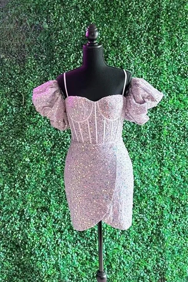 Light Pink Homecoming Dress, Puff Sleeves Sequins Sheath Homecoming Dresses Cocktail