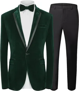 MAGE MALE Men's 2 Piece Velvet Suit Peak Lapel One Button Slim Fit Tuxedo Blazer Party Dinner Jacket & Pants