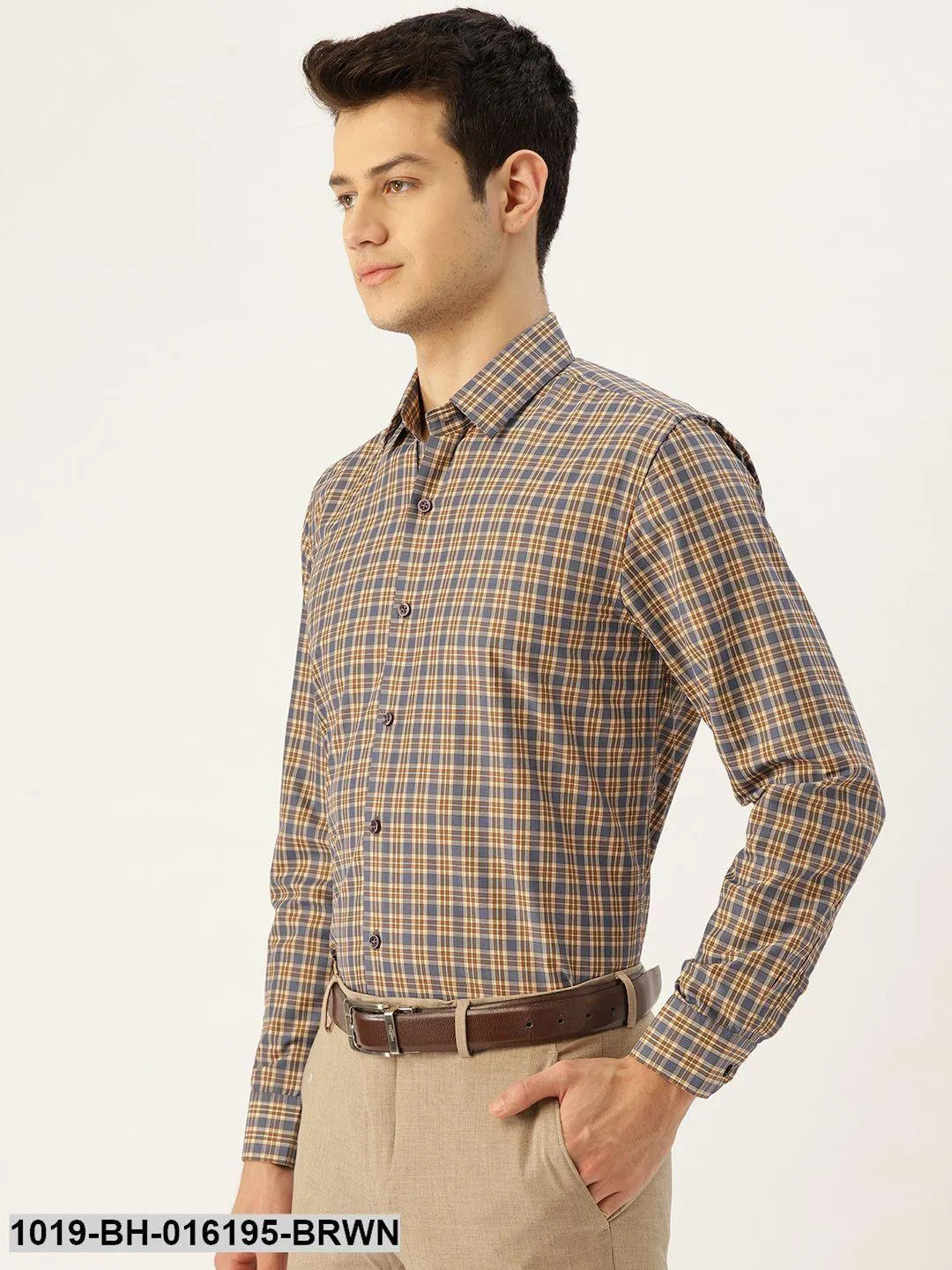 Men's Cotton Brown & Taupe Checked Formal Shirt - Sojanya
