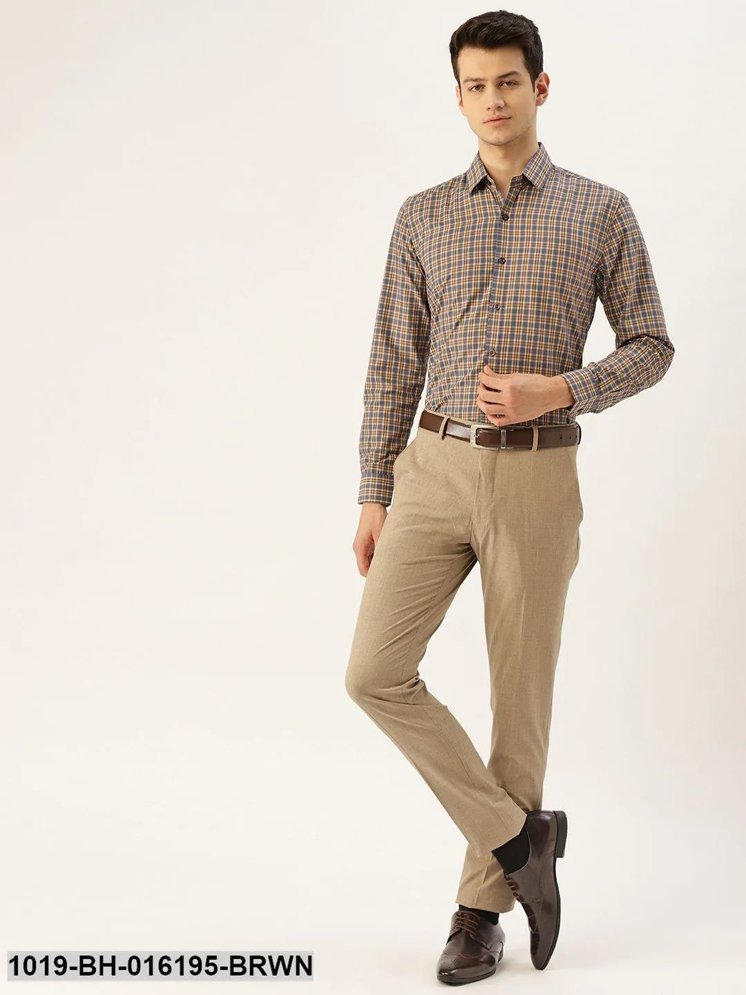 Men's Cotton Brown & Taupe Checked Formal Shirt - Sojanya