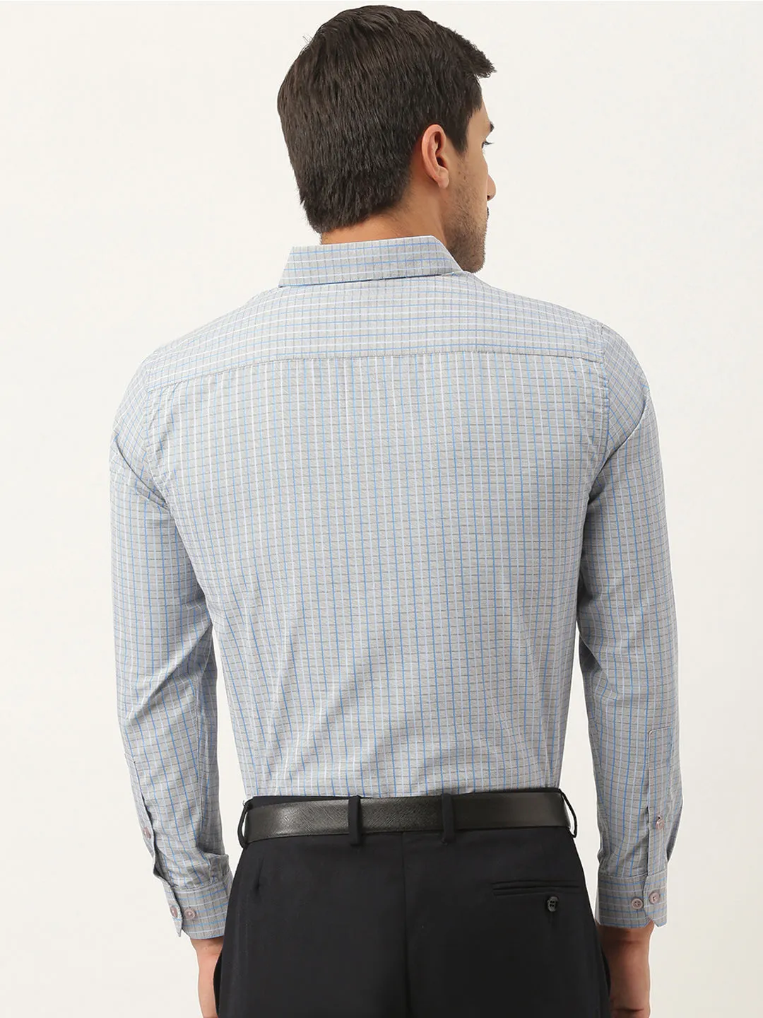 Mens Cotton Grey & Blue Checked Formal Shirt - Sojanya