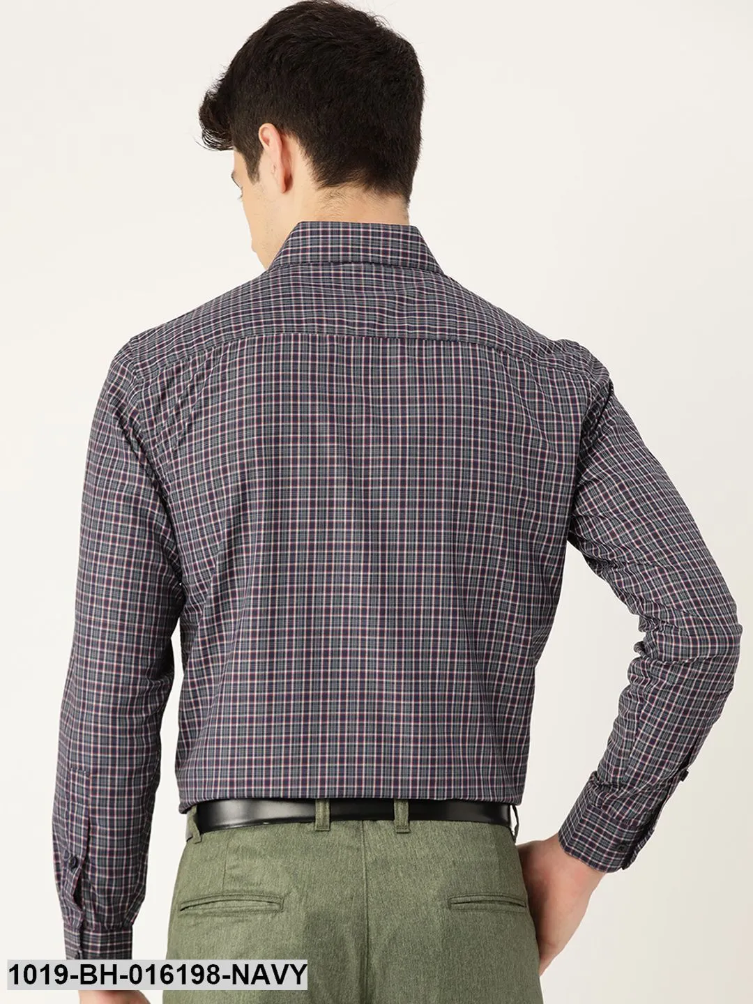 Men's Cotton Navy Blue & Grey Checked Formal Shirt - Sojanya