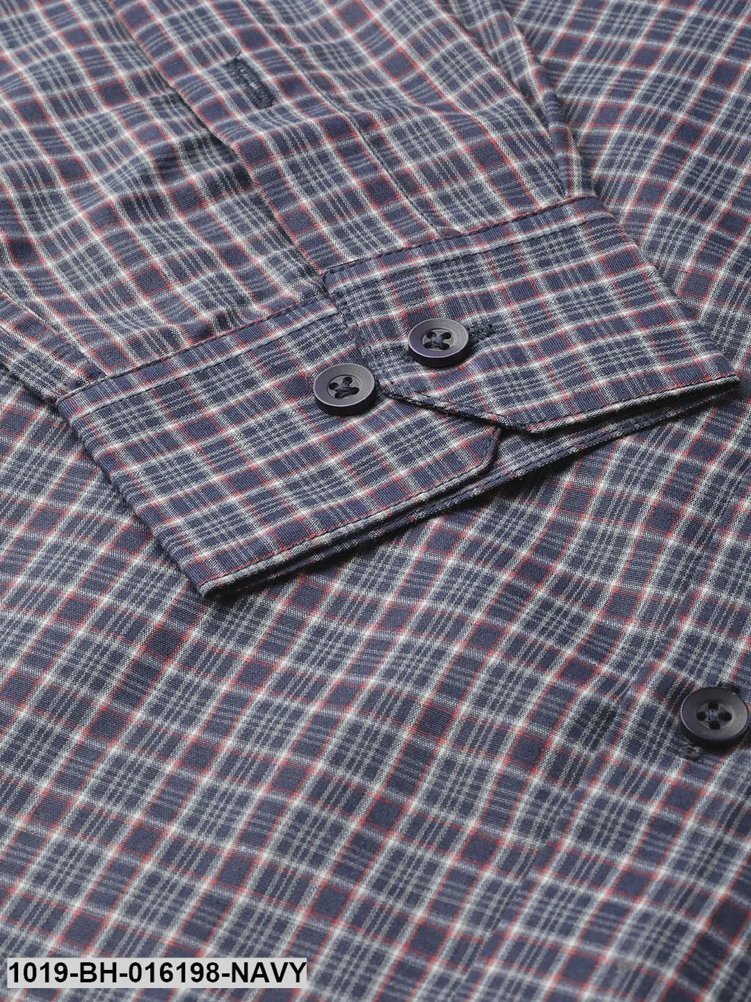 Men's Cotton Navy Blue & Grey Checked Formal Shirt - Sojanya