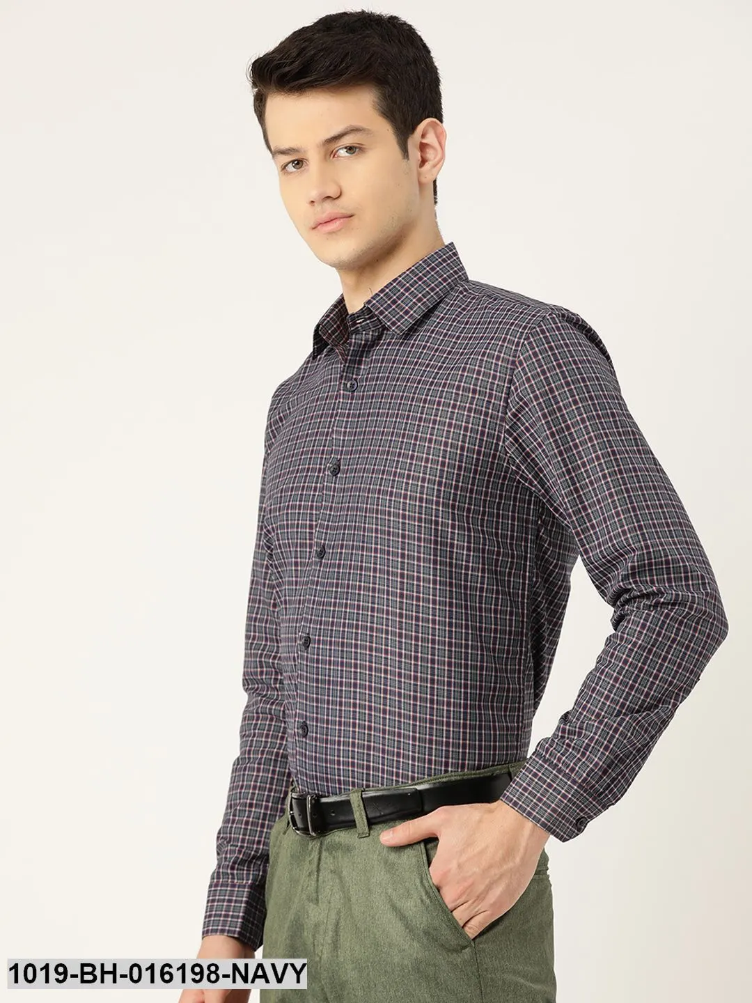 Men's Cotton Navy Blue & Grey Checked Formal Shirt - Sojanya