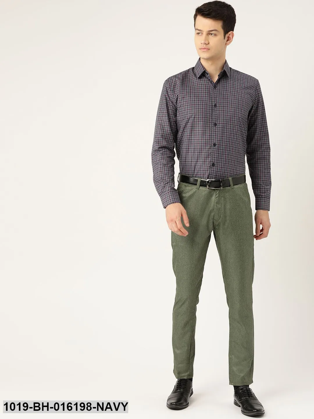 Men's Cotton Navy Blue & Grey Checked Formal Shirt - Sojanya
