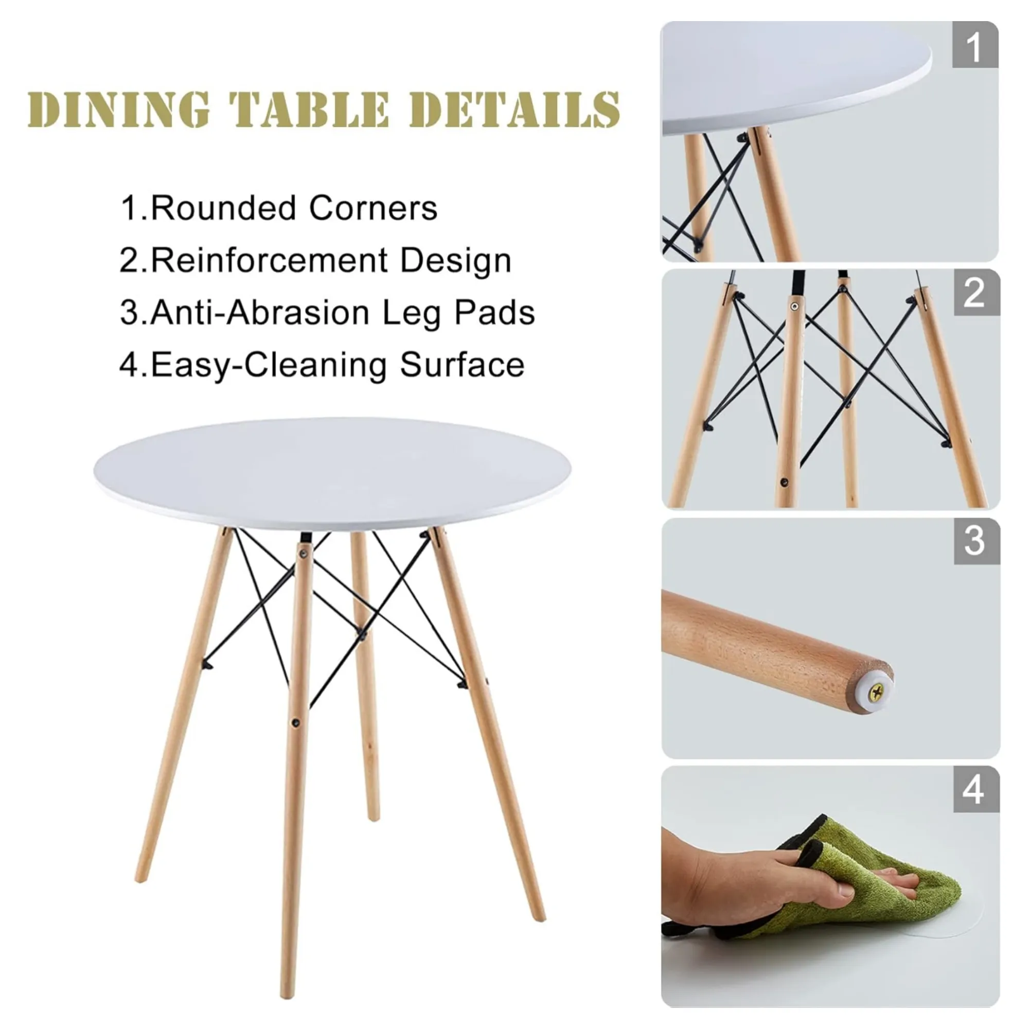 Modern Round Dining Table with Wooden Legs and Metal Frame 800T White