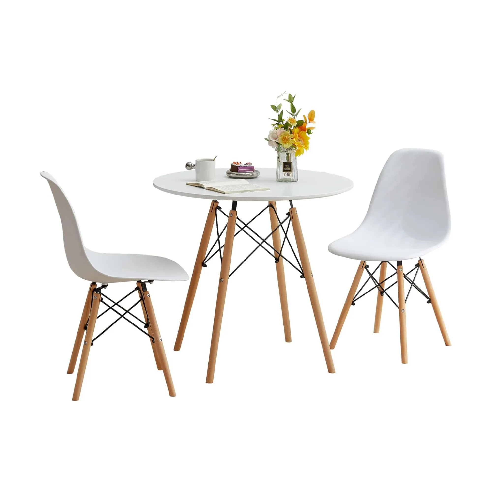 Modern Round Dining Table with Wooden Legs and Metal Frame 800T White