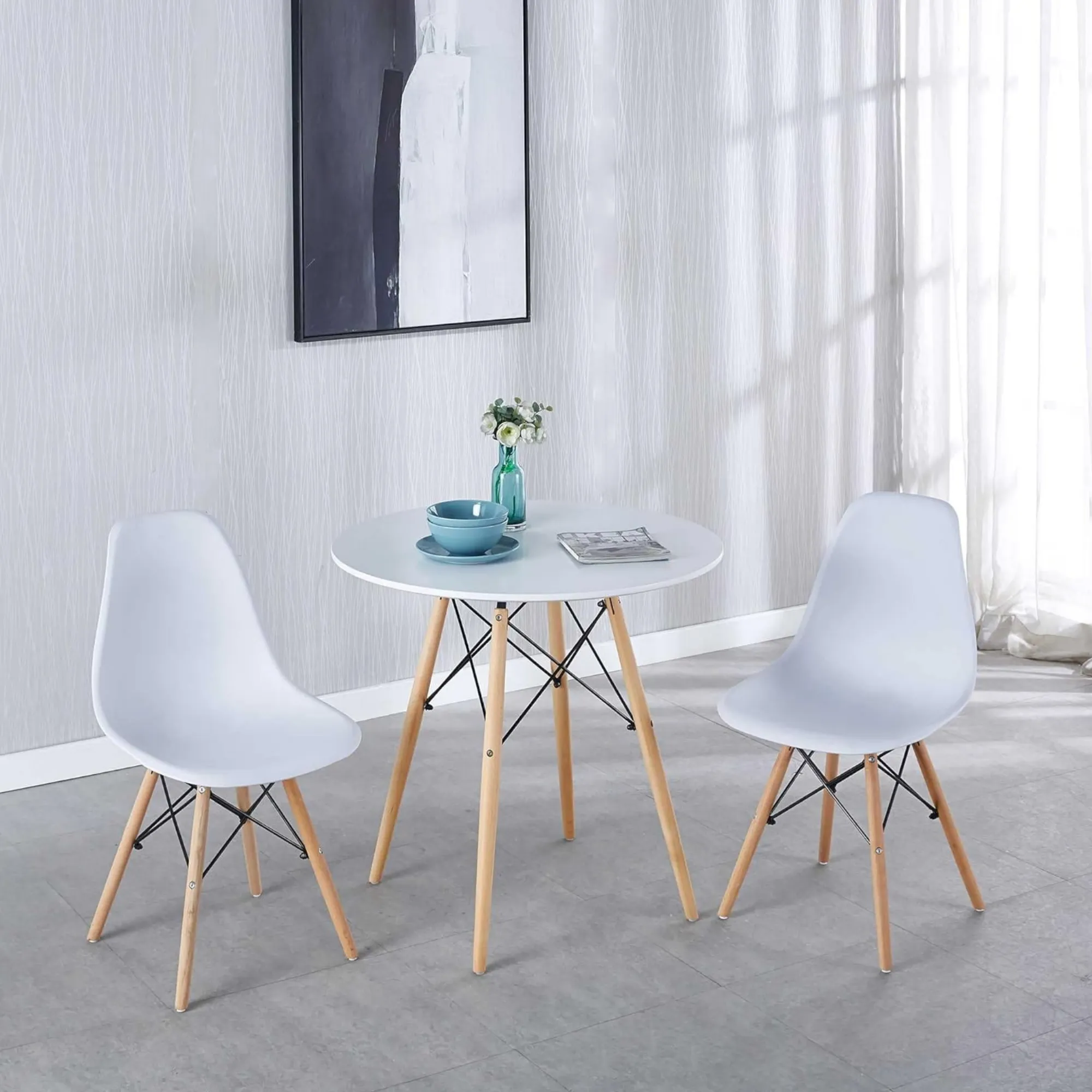 Modern Round Dining Table with Wooden Legs and Metal Frame 800T White