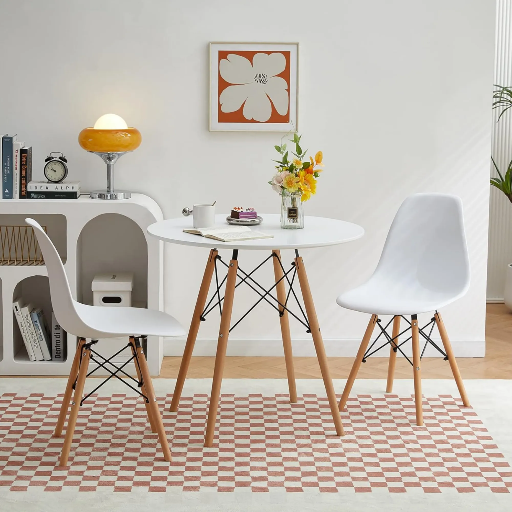 Modern Round Dining Table with Wooden Legs and Metal Frame 800T White