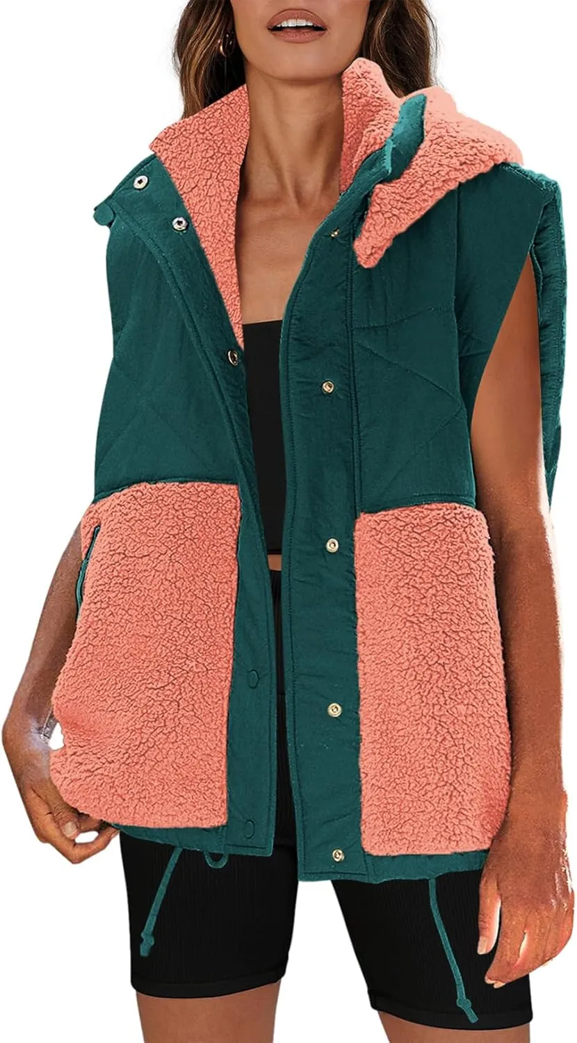 Nirovien Womens Oversized Quilted Vest Color Block Fleece Vest Button Down Padded Outwear Removeable Hooded with Pockets