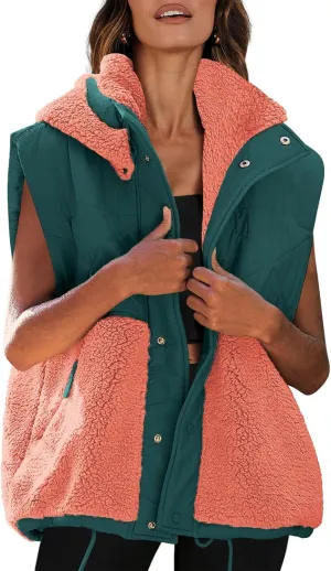 Nirovien Womens Oversized Quilted Vest Color Block Fleece Vest Button Down Padded Outwear Removeable Hooded with Pockets