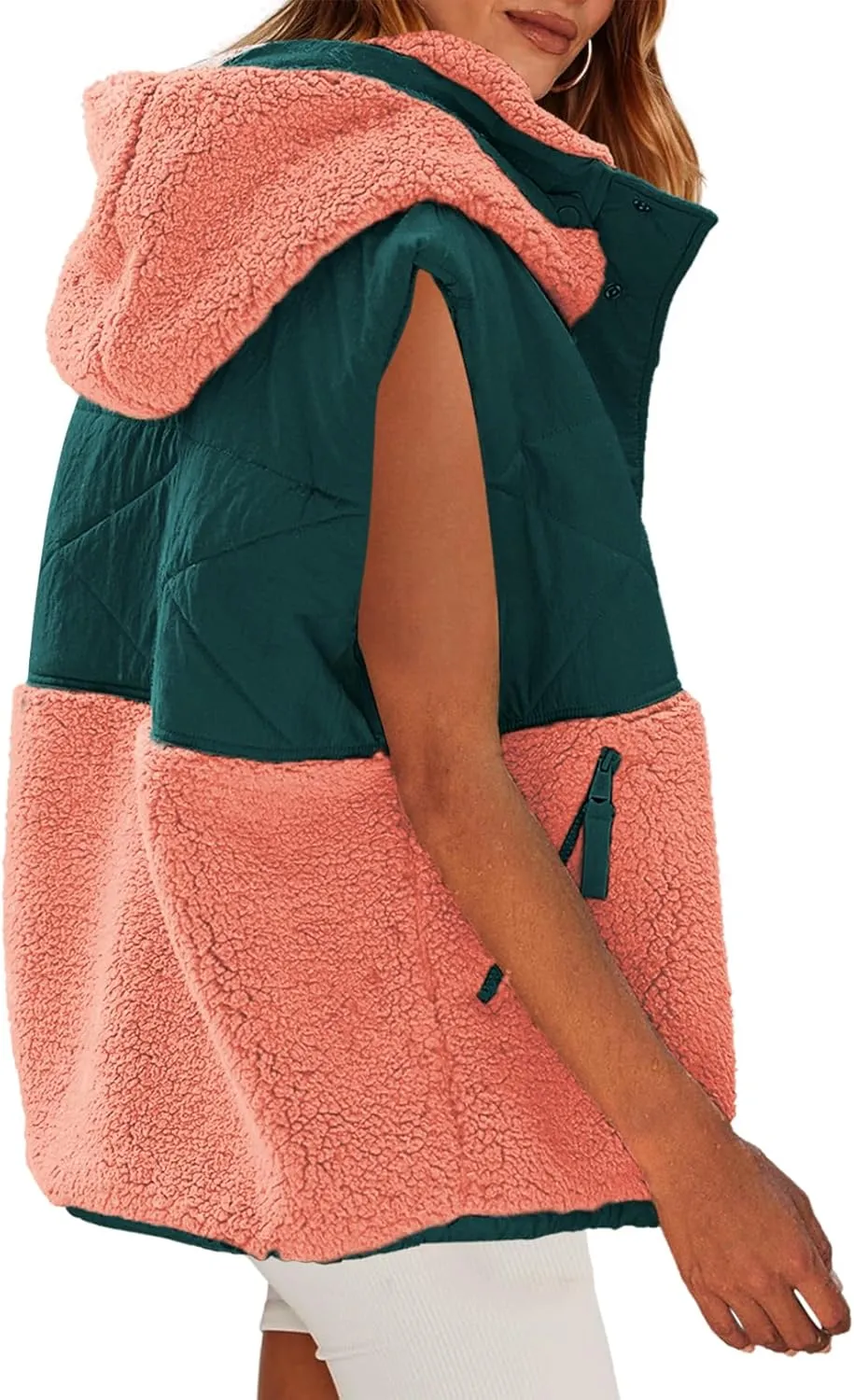 Nirovien Womens Oversized Quilted Vest Color Block Fleece Vest Button Down Padded Outwear Removeable Hooded with Pockets