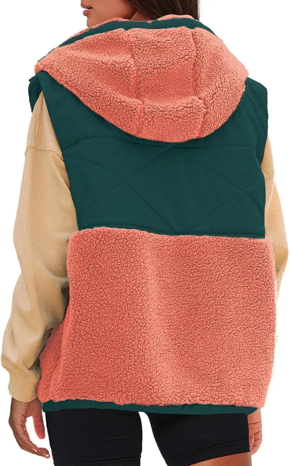 Nirovien Womens Oversized Quilted Vest Color Block Fleece Vest Button Down Padded Outwear Removeable Hooded with Pockets
