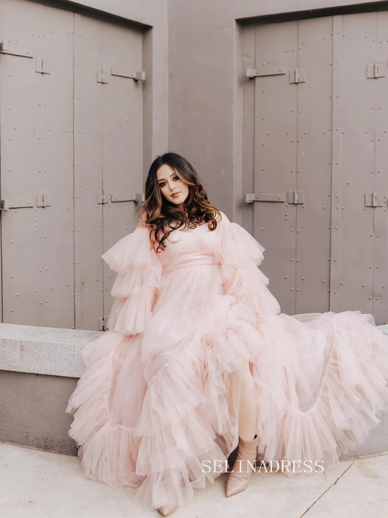 Off-the-shoulder V neck Lemonade Photography Costumes Pink Long Prom Dress Formal Dress JKSS508