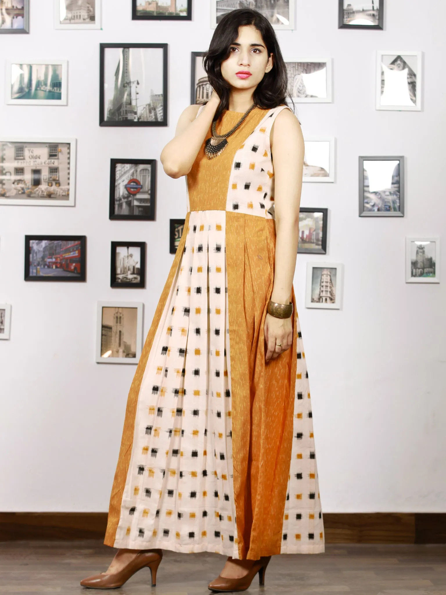 Off White Mustard Long Sleeveless Handwoven Double Ikat Dress With Side Pockets - D275F764