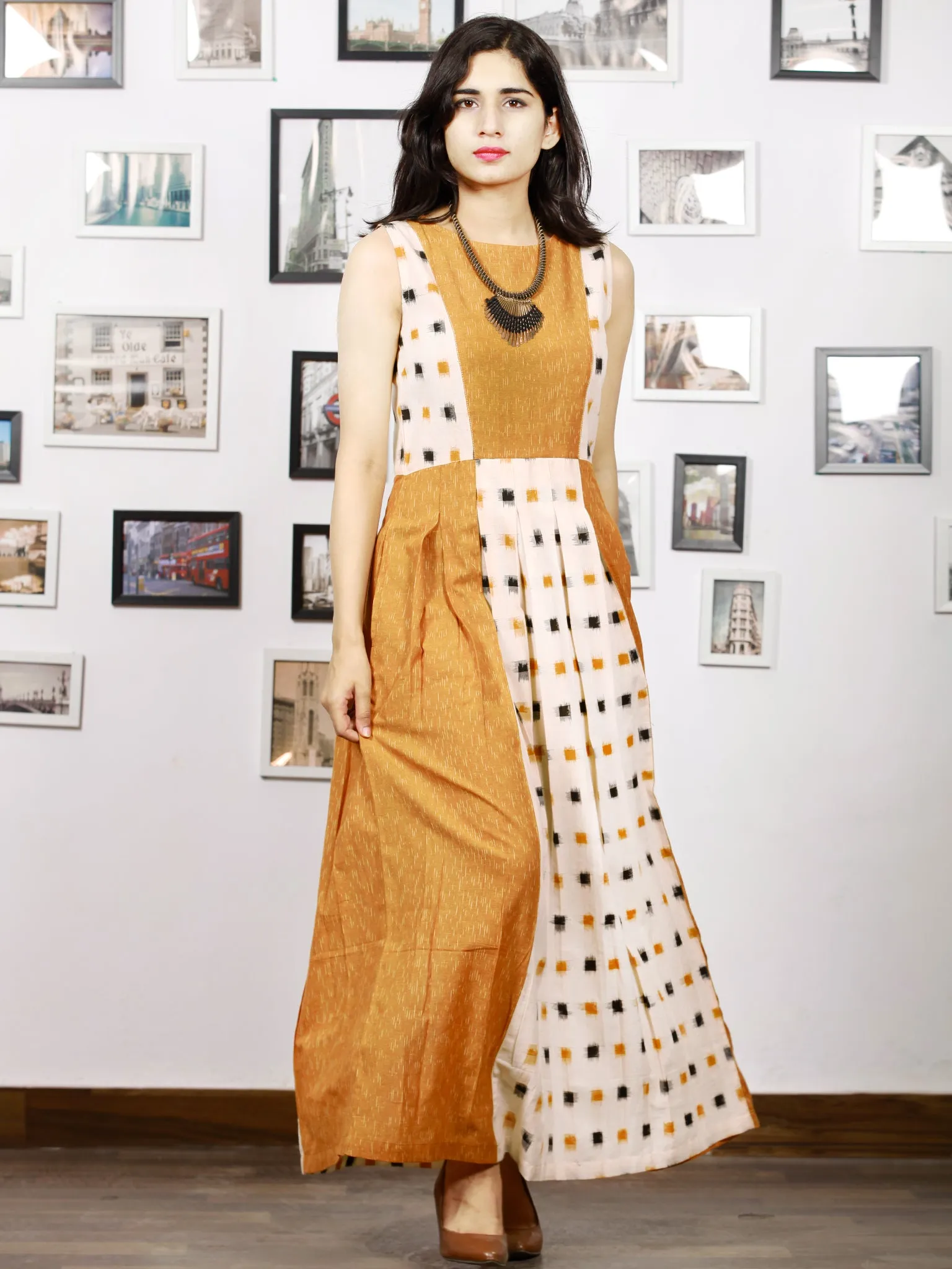 Off White Mustard Long Sleeveless Handwoven Double Ikat Dress With Side Pockets - D275F764