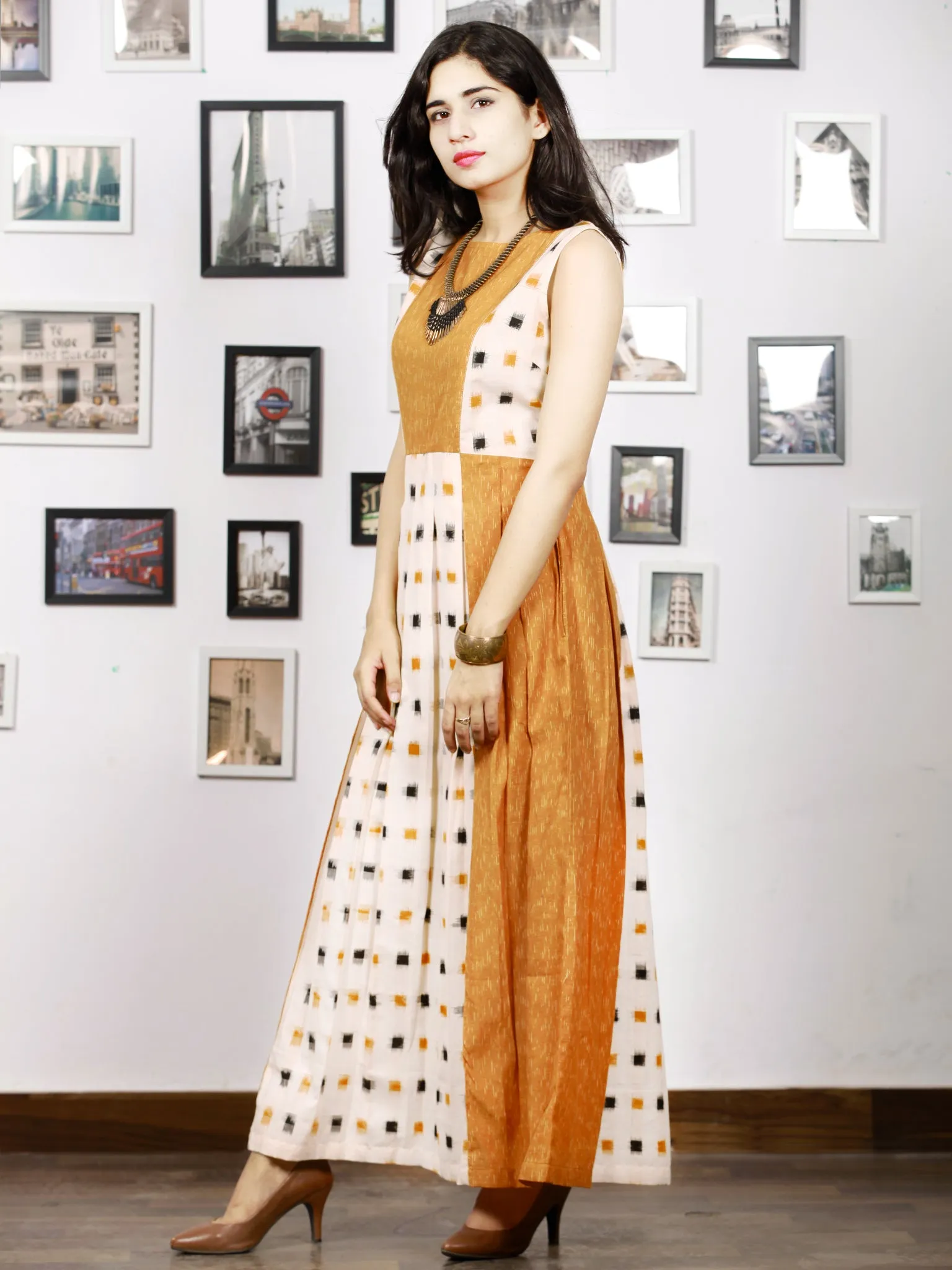 Off White Mustard Long Sleeveless Handwoven Double Ikat Dress With Side Pockets - D275F764
