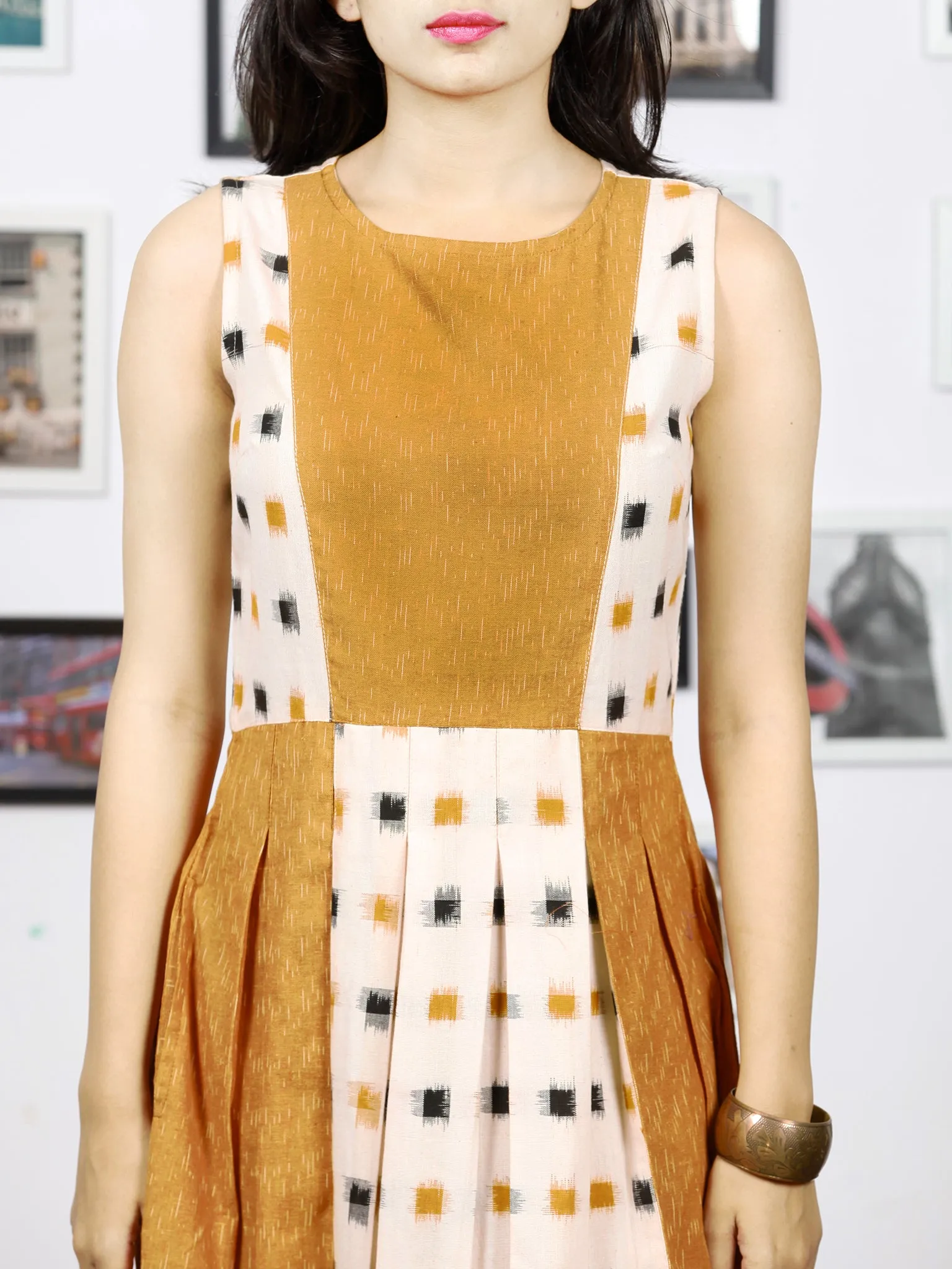 Off White Mustard Long Sleeveless Handwoven Double Ikat Dress With Side Pockets - D275F764
