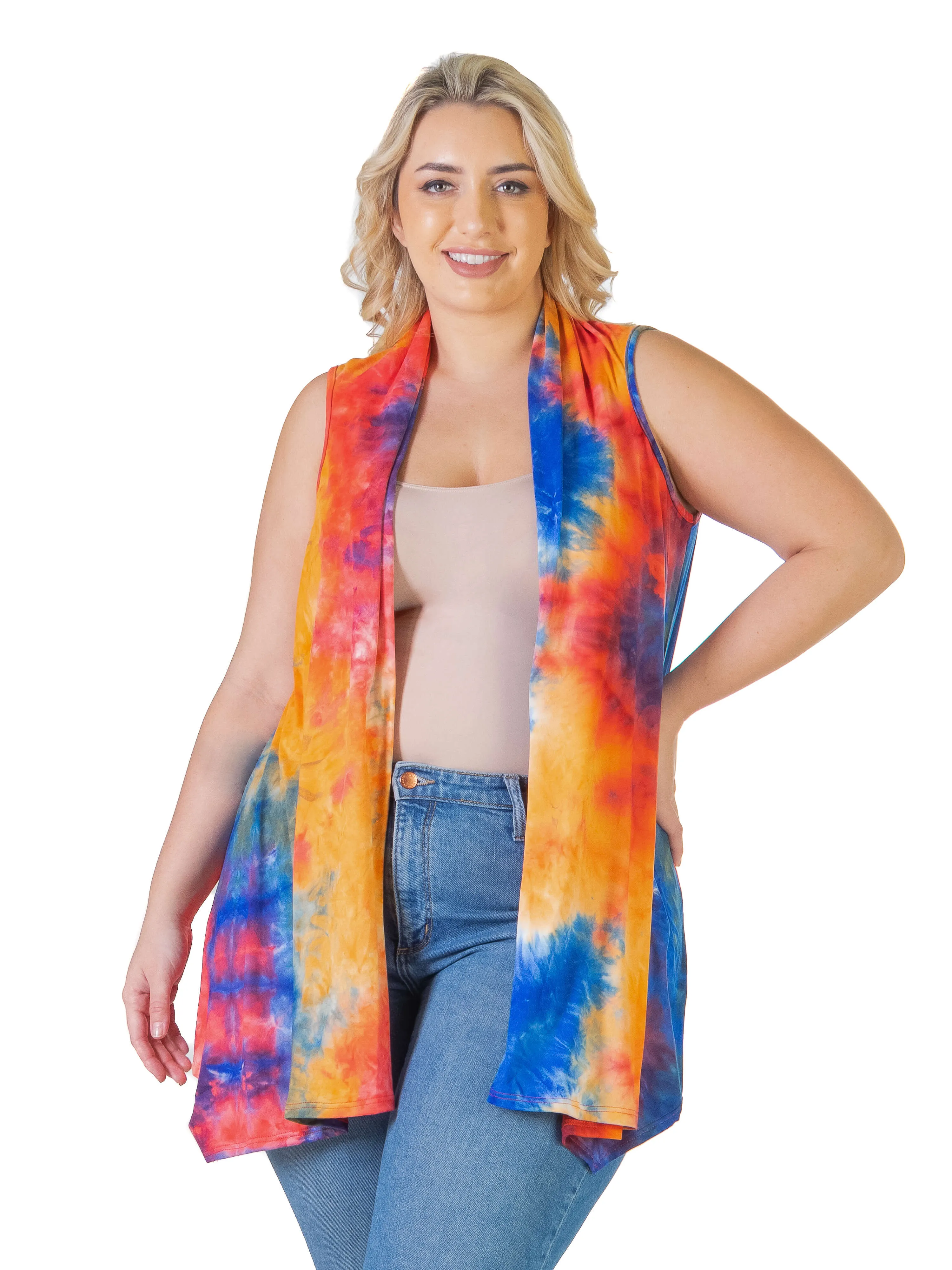 Orange Tie Dye Plus Size Open Front Shrug Vest