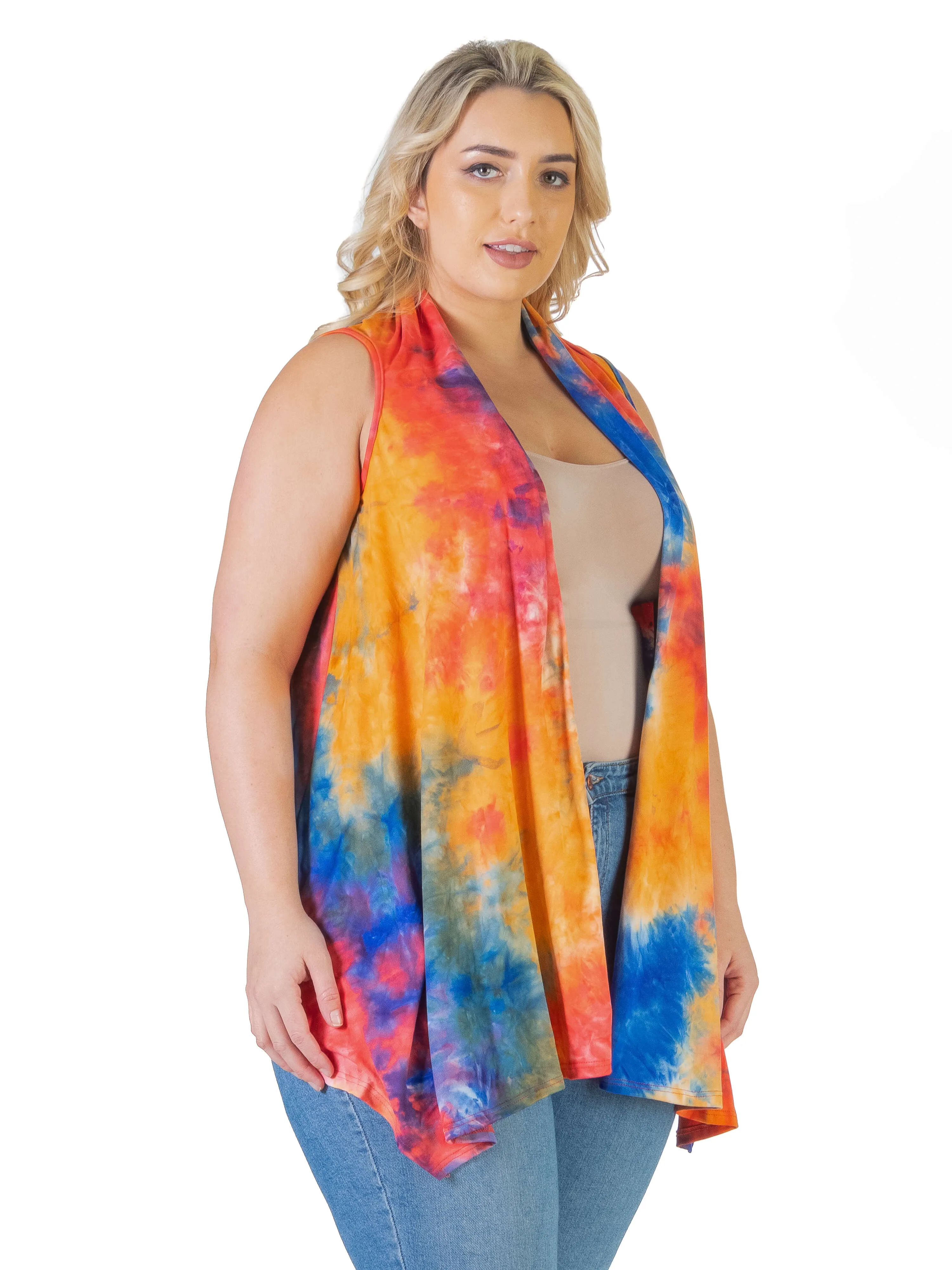 Orange Tie Dye Plus Size Open Front Shrug Vest