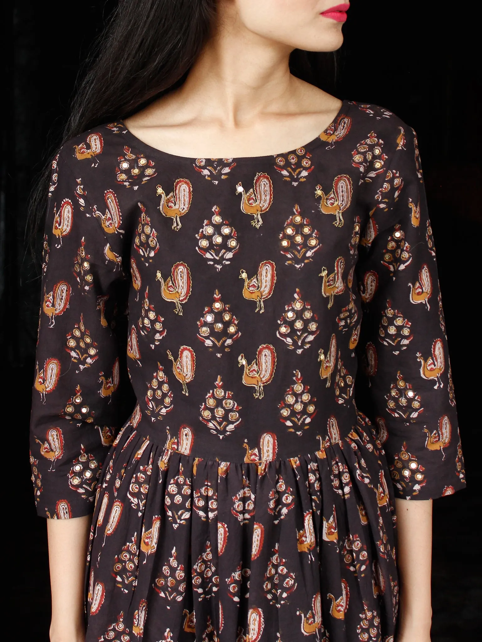 Peacock Motif - Hand Block Printed Long Sequence Embroidered Dress - D274F1810