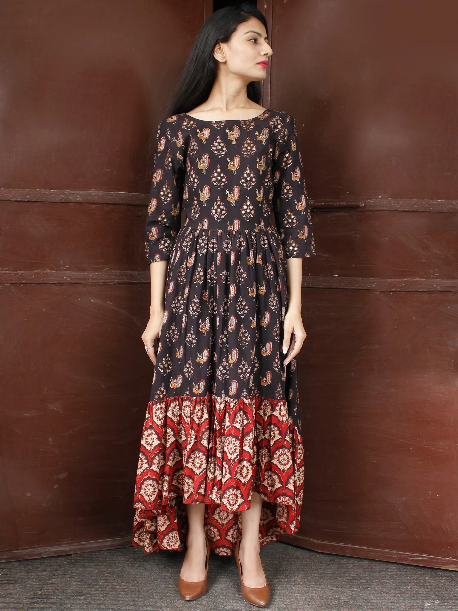 Peacock Motif - Hand Block Printed Long Sequence Embroidered Dress - D274F1810