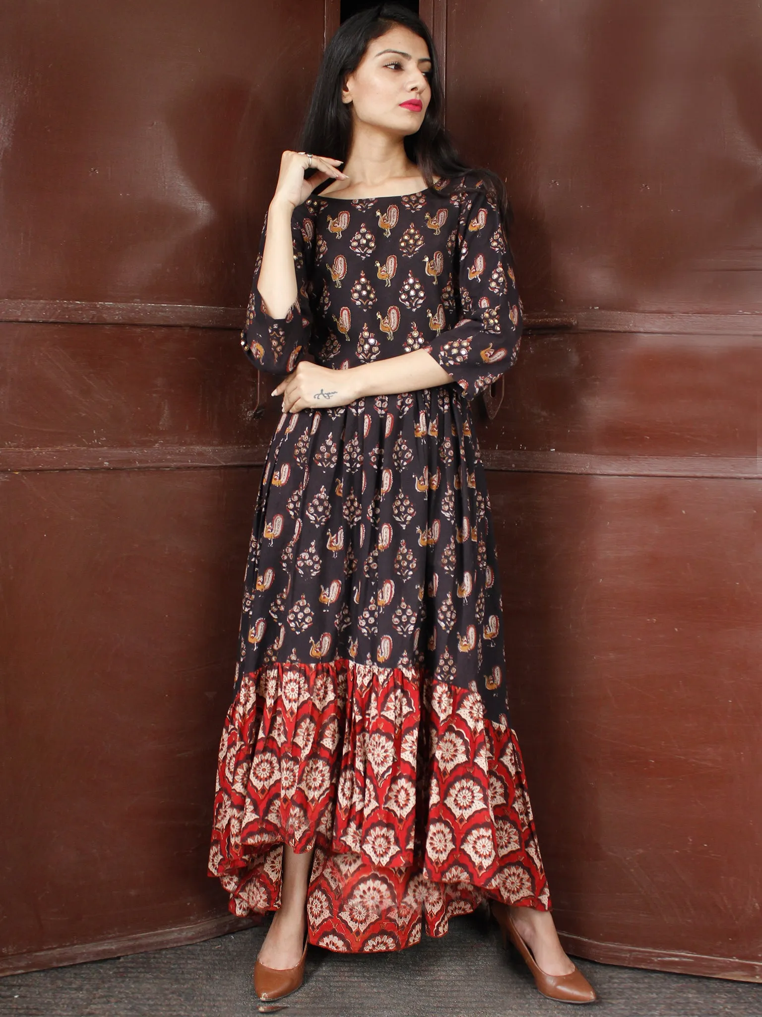 Peacock Motif - Hand Block Printed Long Sequence Embroidered Dress - D274F1810