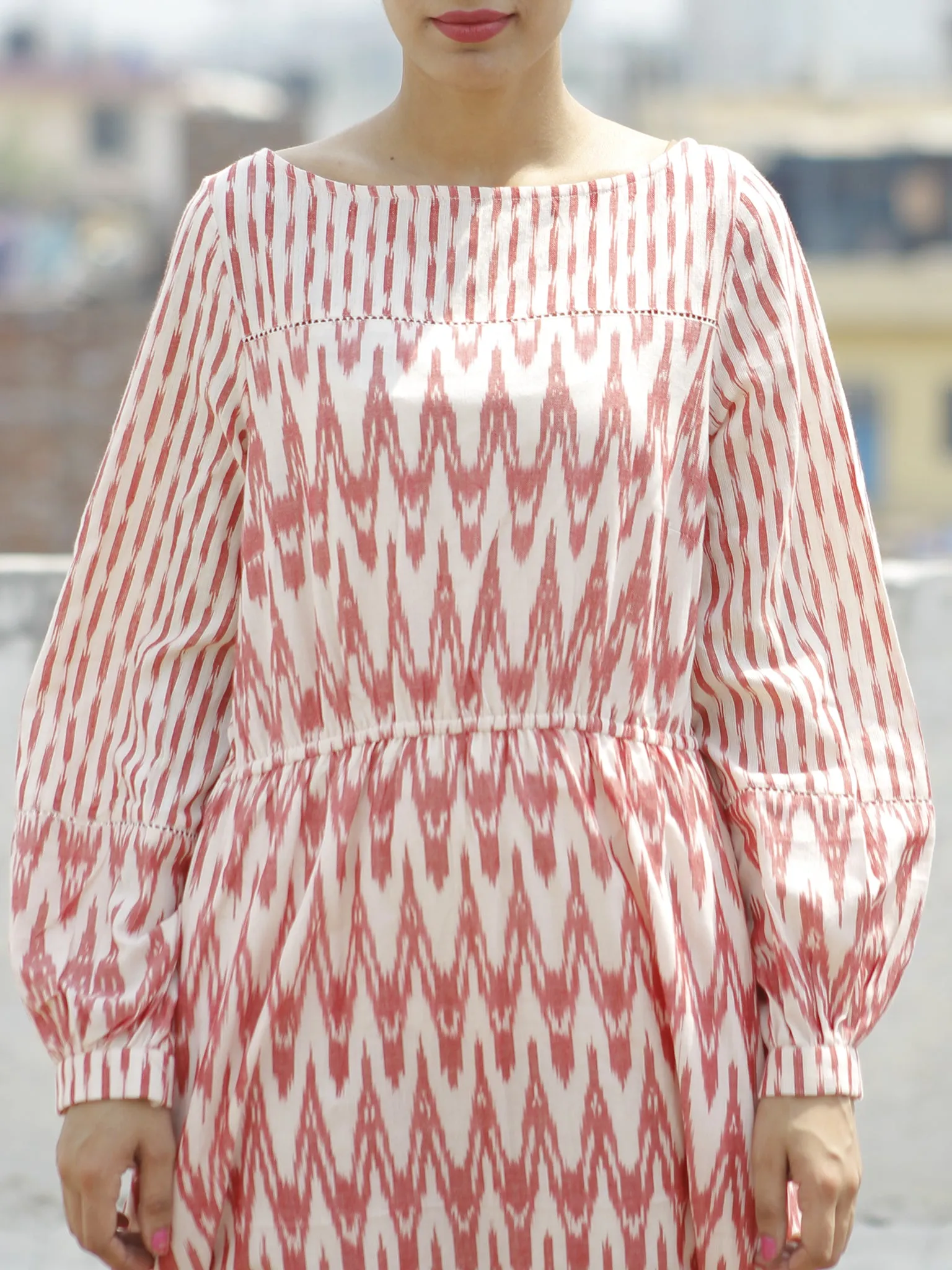 Pink Ivory Handloom Ikat Dress With Side Pockets And Peasant Sleeve-  D109F722